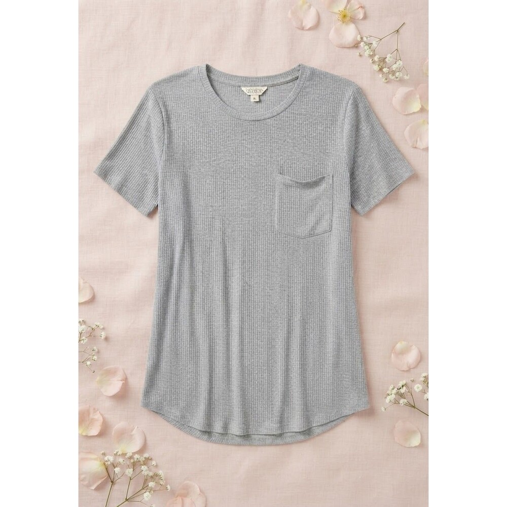 Destination Maternity Core Tee Shirt Gray Ribbed Knit Pocket Crew Neck Womens XL